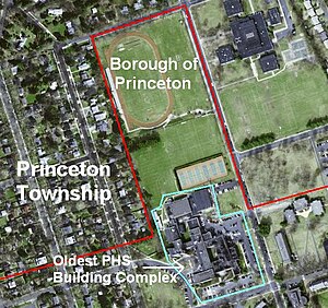 This image of PHS from above (with old municipal boundaries pre-dating the January 1, 2013, consolidation of Princeton highlighted) predates the 2000s construction. The building complex to the right of the athletic fields and track is Princeton Unified Middle School, also pre-construction. Princeton-HS-NJ-overhead.jpg