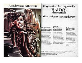 A 1974 ad for the drug Haldol published in the medical journal Archives of General Psychiatry, and reproduced in the book. Author Metzl states that the advertisement shows an attempt to equate racial unrest with mental illness. Haldol advertisement from 1974 Archives of General Psychiatry.jpg