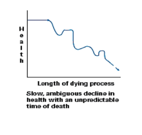 A chronic malady trajectory showing an overall decline in health with intermittent rises and falls in human function. Length of Dying Process.png