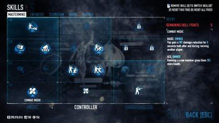 Players can use skill points to obtain various abilities and bonuses on skill trees representing five criminal archetypes and playstyles. The Mastermi