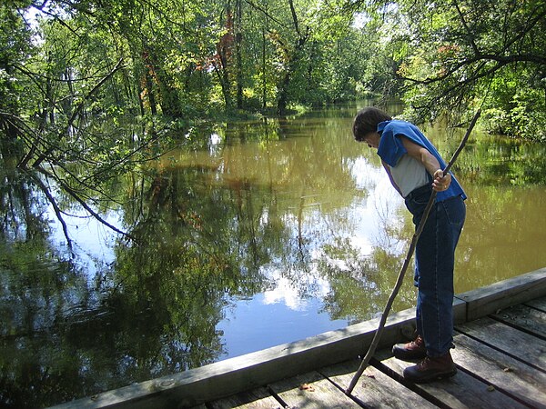 The Wallkill near floodstage in September 2006, in the National Wildlife Preserve, in Sussex County, NJ. The bridge has since been removed.