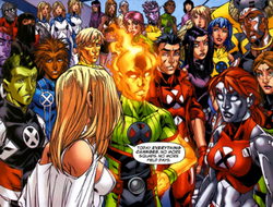 Emma Frost with the remaining Xavier Institute student body post-M-Day. Art by Mark Brooks. Xavstudentbody.png