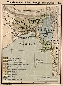 The British East India Company annexed Bengal in 1765, and Assam in 1838 Joppen1907BritishBengalBritishBurmaA.jpg