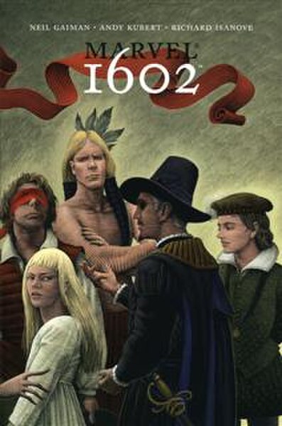 Cover to 1602 #8, featuring from left to right: Matthew Murdoch, Virginia Dare, Rojhaz, Sir Nicholas Fury, and "John" Grey. The scene was based on a f