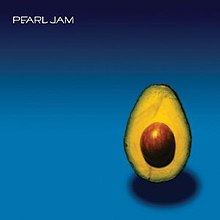 A half-cut avocado stands against a black to blue gradient The title Pearl Jam is written in white letters on the upper left