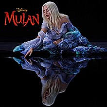 Christina Aguilera, a woman with long blonde hair and wearing a large blue dress, is kneeling in the middle of a black void in front of a pool of water. She is touching the water, which shows a reflection of her on the lower half of the image. Large red letters that read 'MULAN' is to Aguilera's right on the upper-left corner of the image. A small yellow logo that reads 'Disney' also appears above the red 'MULAN'.