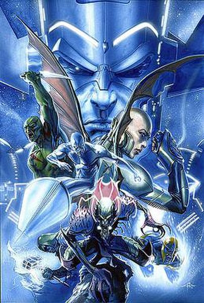Promotional cover art to Annihilation #1 by Gabriele Dell'Otto. Clockwise from top: Galactus, Moondragon, Nova, Annihilus, Ronan the Accuser, Silver S