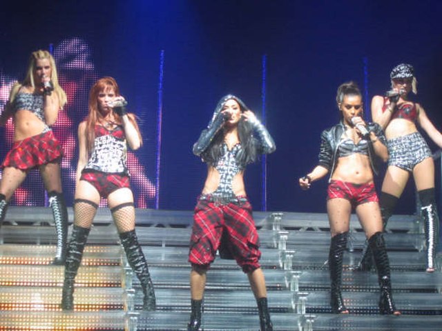 The Pussycat Dolls performing "Buttons" on top of the stairs during their Doll Domination Tour (2009)