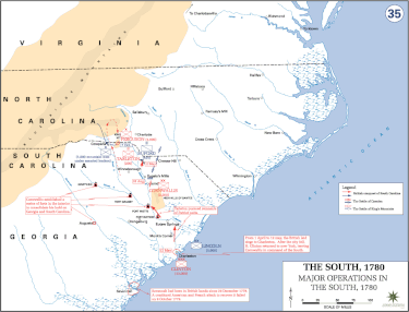 Major engagements in the Southern Campaign Revolutionary War - Major Operations in the South 1780.Dean.USMA.edu.history.gif