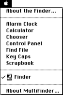 The Apple Menu in System 6.0.8 with MultiFinder enabled, showing the installed Desk Accessories System608AppleMenu.png