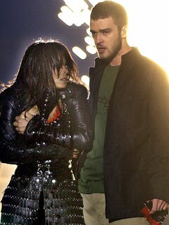 Janet Jackson and Justin Timberlake immediately after he tore off part of her clothing covering her breast at the end of the Super Bowl XXXVIII halfti