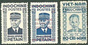 French Indochina stamp printed in Hanoi during the Japanese occupation (left), similar stamp overprinted "VIET-NAM DAN-CHU CONG-HOA" (Democratic Republic of Vietnam) (center) and a 1946 definitive stamp of the republic (right). Some of the overprints were explicitly political in nature, e.g. "Quoc Phong" (national defence). Stamps of Vietnam and French Indochina of 1940-1946.jpg