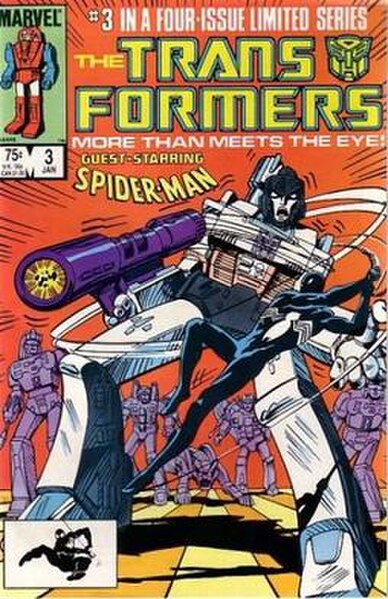 Spider-Man battles Megatron on the cover of The Transformers #3.