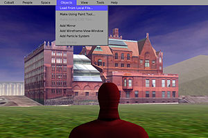 Open Cobalt user interface and avatar-enabled virtual environment containing .kmz mesh content imported from Google's 3D Warehouse. Users are able to provision content to Open Cobalt spaces that can be developed and managed using third-party tools and resources. Cobalt screenshot pre alpha.jpg