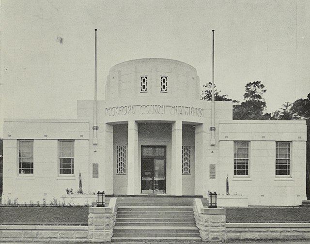 Gosford Council Chambers on Mann Street, completed in 1939 was the council seat until 1974, when it was demolished for the present Gosford Administrat