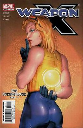 Tabitha Smith on the cover to Weapon X #11. Art by Georges Jeanty.