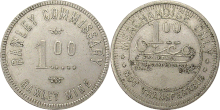 Token coin with the value of $1.00, issued by the Rawley Mine Commissary in Bonanza Rawley Mine Commissary $1.00 Token.gif