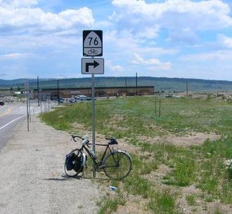 Route sign in Fairplay, CO, in 2006 TransAmerica Fairplay.jpg