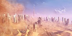 A concept art for the game. The Dubai featured in the game is ravaged by sandstorms, creating a post-apocalyptic environment Dubai gameplay dev.jpg