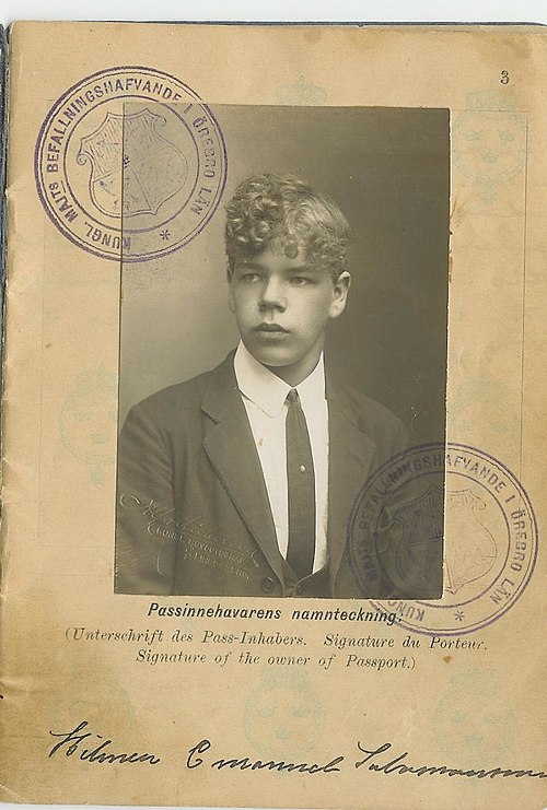 The passport of Hilmer Emmanuel Salomonsson, 1921 From Guldsmedshyttan, Sweden to Worcester, Massachusetts