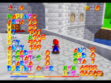 Debugging display in Super Mario 64. This display prints both current memory and CPU usage as well as information about the game's state. Mario64debug.png