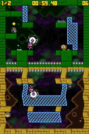 Screenshot of Mighty Flip Champs!. The top and bottom screen act as two different areas, that the player-character is simultaneously walking on. Mighty-flip-champs-2.png