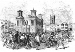 The annual game of Shrove Tuesday football in front of the town hall, as shown in the Illustrated London News in 1846. The Clattern Bridge was a goal off to the left of the picture. Shrove Tuesday football in Kingston upon Thames around 1846.png