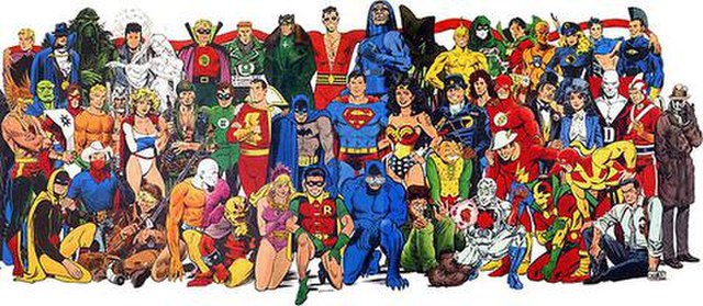A "class photo" of DC Universe characters, circa 1986. In this group shot, each character is drawn by either his or her original artist or an artist c