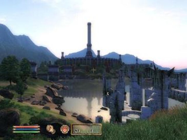 An in-game screenshot showing Oblivion's user interface, HDR lighting and long draw distance, changes made as part of a goal to create "cutting-edge g
