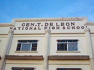 The Gen. T. de Leon National High School main building pediment bearing the name of the school GTDLNHS pediment.jpg