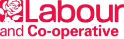 Red on white words "Labour and Co-operative" in sans-serif font to the right of white on red silhouette of a rose