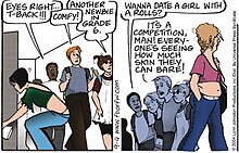 Panel excerpt of April and her friends commenting on sixth grade students and their fashion choices. Johnston received praise for her ability to take real world events and incorporate them into her story. For Better or For Worse Panel Excerpt of Middle School Students.jpg