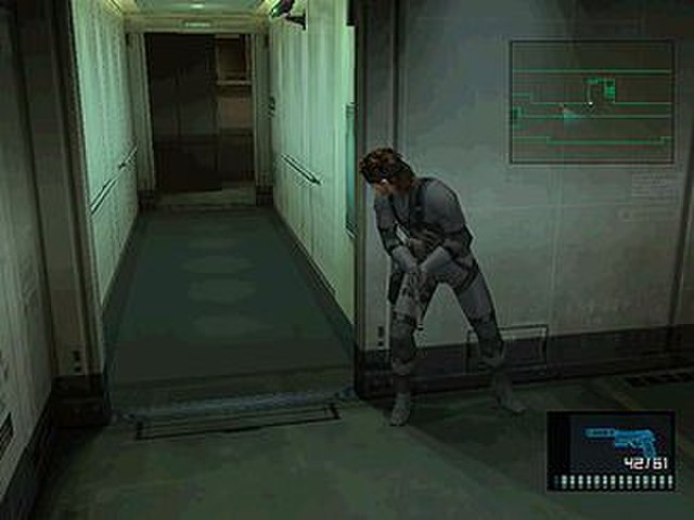 Solid Snake takes cover and peeks around a corner in the Tanker chapter.