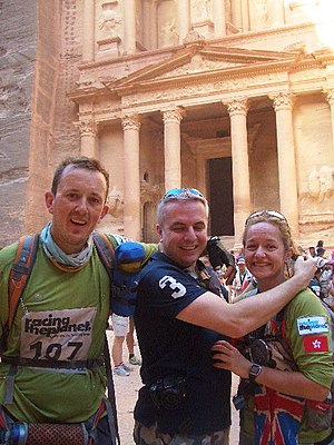 Race-end celebration in Petra, carved in a rocky canyon -- for some 7000 years the major regional trading hub between Africa and the Middle East. Petra race-end celebration.JPG