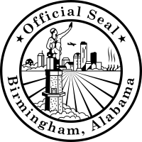 alt:The official seal of Birmingham, Alabama. This is circular and contains a line drawing of the Roman god Vulcan standing on a pedestal, seen from behind overlooking the skyline of the city of Birmingham as it looked before 1962, when the Bank for Savings Building (now known as Two North Twentieth) was constructed. An airplane is depicted crossing from left to right (west to east, towards the airport). On the far right, smokestacks can be seen, in the approximate location of the Sloss Furnaces. Below the skyline, nine lines converge at the center of the circle. Around the circumference are the words "Official Seal" (top, flanked by five-pointed stars) and "Birmingham, Alabama" (bottom).