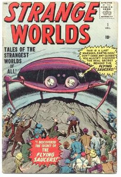 Strange Worlds #1 (Dec. 1958), the first Marvel/Atlas work by artist Jack Kirby upon his permanent return to the company. Cover art by penciler Kirby 