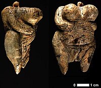 Two views of the Venus of Hohle Fels figurine, 40,000 BC-35,000 BC (6 cm (2.4 in) tall), one of the earliest known, undisputed examples of a depiction of a human being