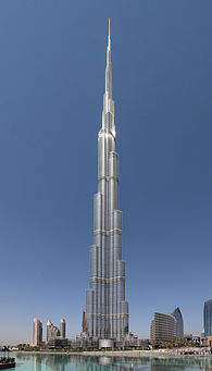 The 828-metre (2,717 ft) tall Burj Khalifa in Dubai has been the world's tallest building since 2009. It has been classified as Megatall. Burj Khalifa.jpg