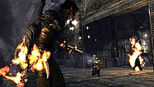 Hayden using his Glaive to fight Lasrian soldiers DarkSector gameplay.jpg