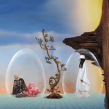 Two men in egg-shaped air bubbles on a blue tiled floor on either side of a tree; to the left is a flipped desert scene with rock formations in it.