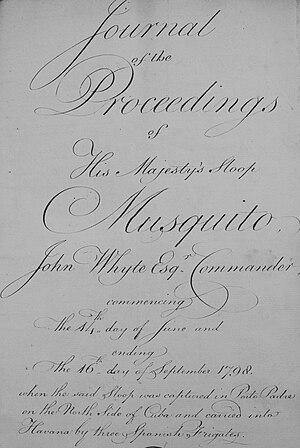 Алдыңғы мұқаба HMS Musquito журналы 1800. Ұлттық мұрағат, Kew.jpg