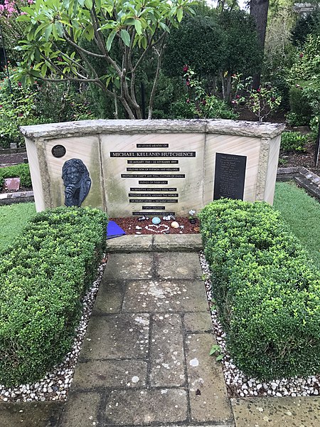 Hutchence memorial at Northern Suburbs Crematorium, North Ryde, New South Wales. Inscription reads: "In loving memory of Michael Kelland Hutchence, 22