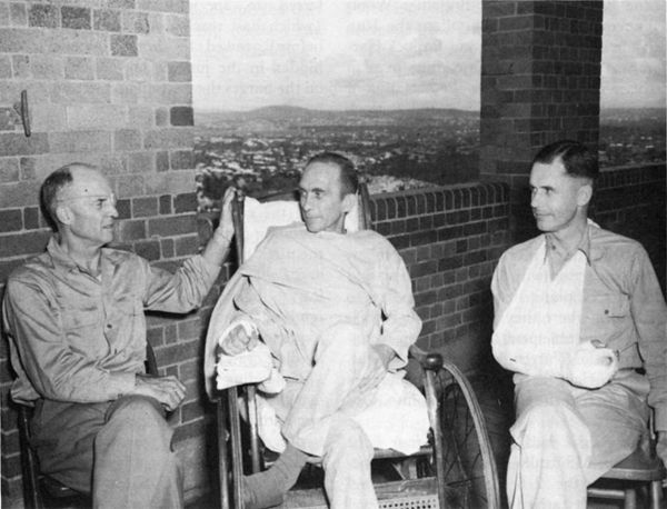 Brigadier Generals Hanford MacNider, Albert W. Waldron, and Clovis E. Byers recuperate in hospital in Australia after being wounded in the Battle of B