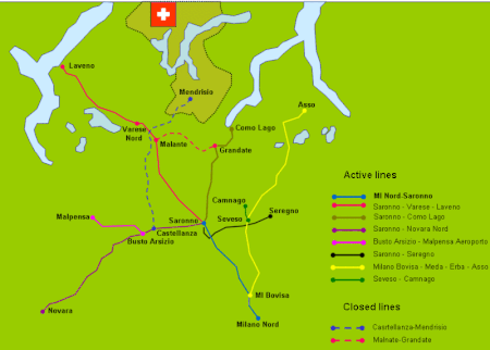 Map of the main branch of the FNM lines. FNM operates also the Brescia-Edolo railway in eastern Lombardy, not shown in map. FNM.gif