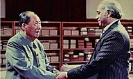 Ailing Mao with Pakistani prime minister Zulfiqar Bhutto during a private visit in 1976 Mao Zedong with Z Bhutto.jpeg