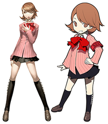 Yukari's design in Persona 3 (left) and Persona Q (right). The characters were redesigned due to hardware limitations, with a focus on their defining traits. Persona Q character design comparison.png