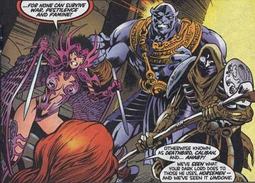 Second incarnation of the Four Horsemen: War (Deathbird), Pestilence (Caliban) and Famine (Ahab). Panel from X-Men #97. Pencils by Alan Davis.