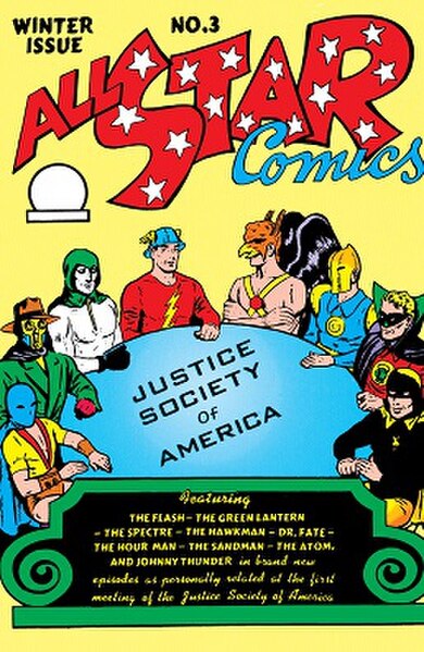 Cover to All Star Comics #3 (Winter 1940–1941), the first appearance of the JSA. Art by E. E. Hibbard.