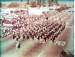 A 90-member Bosco Tech Royal Techmen Marching Band and Pageantry in a 1970s Arcadia Band Review. Photo courtesy of Al Galaviz, Class of 1973. BoscoTechBand.jpg