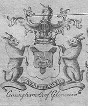 The coat of arms of the Cunninghames, Earls of Glencairn in 1764 Glencairnrd.jpg
